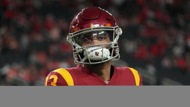 A detailed view of the fingernails of Southern California Trojans quarterback Caleb Williams reacts during the Pac-12 Championship at Allegiant Stadium.